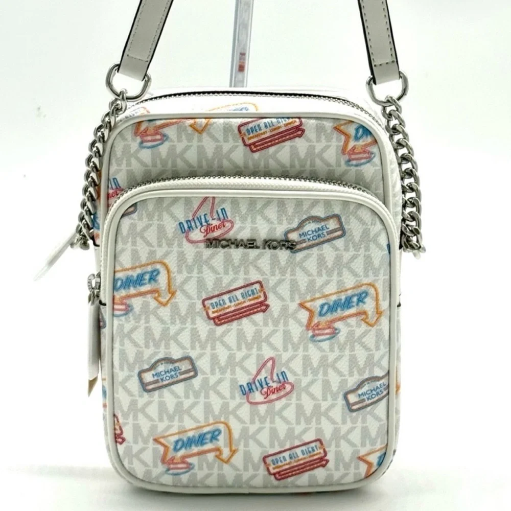 Michael Kors Jet Set Medium Printed Signature Logo Crossbody Bag Optic White